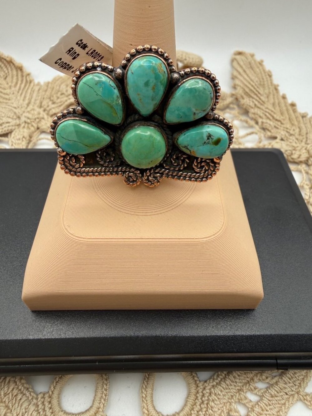 Artisan crafted Mohave Turquoise Peacock Cluster Copper Statement Ring Adj gift